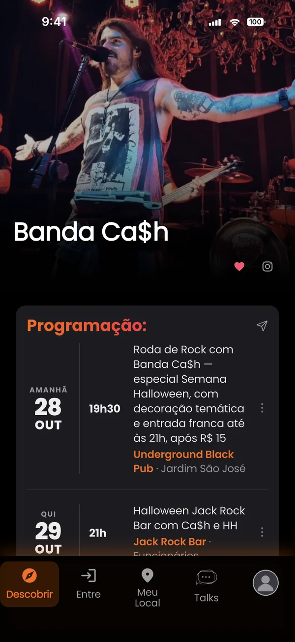 Página de uma banda com as próximas apresentações