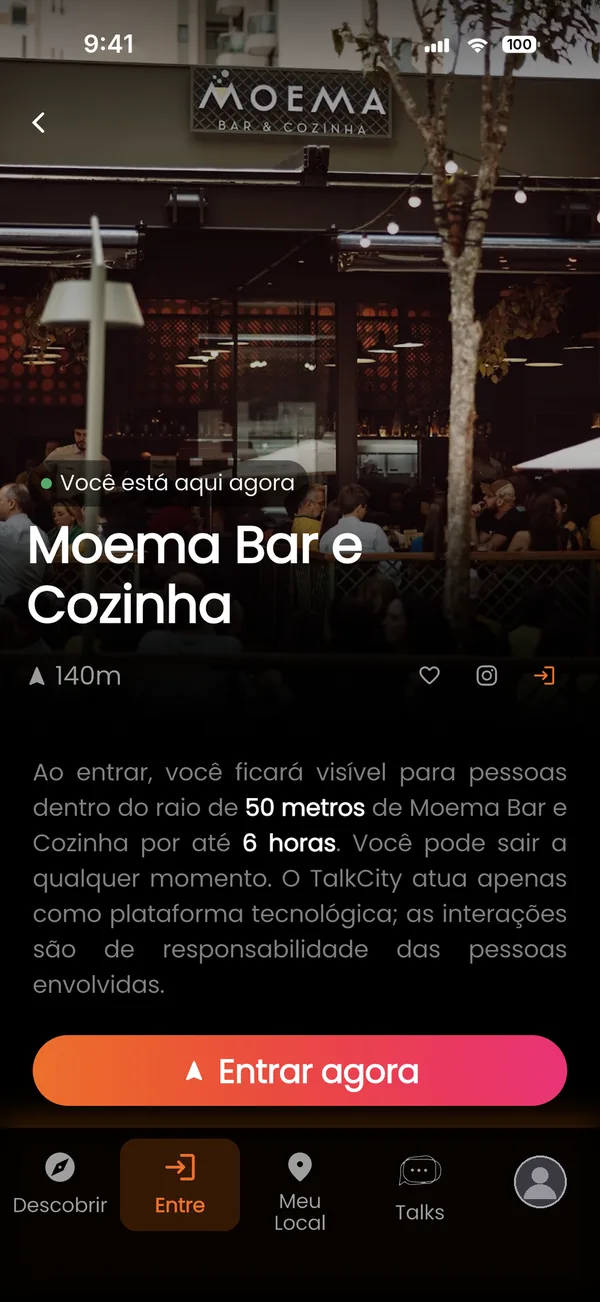 Tela de um bar com o botão Entrar agora